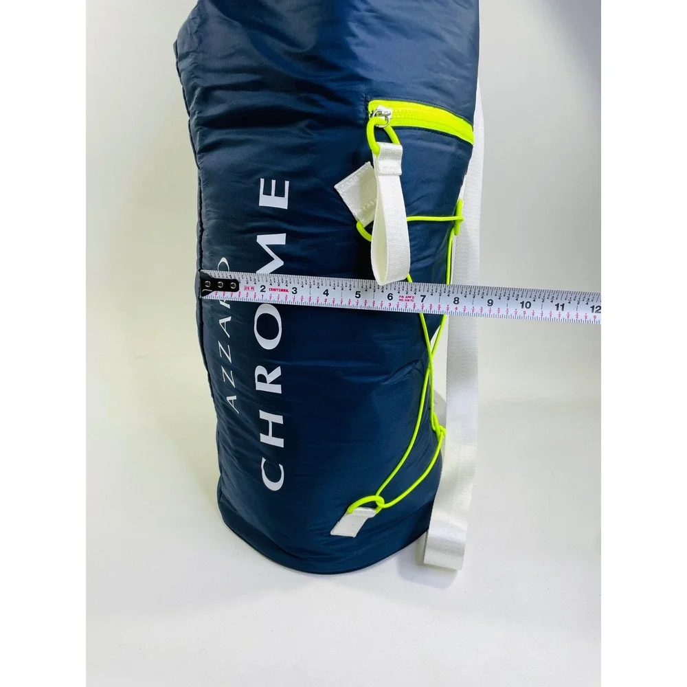 Azzaro Chrome Navy Blue Puffer Duffle Bag Neon Yellow Accents Roll Top Sport Bag